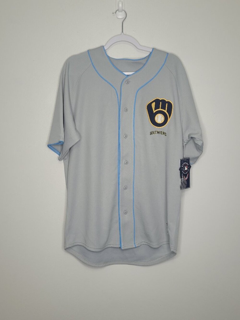 True Fan Milwaukee Brewers jersey gray short sleeve MLB Baseball large NWT